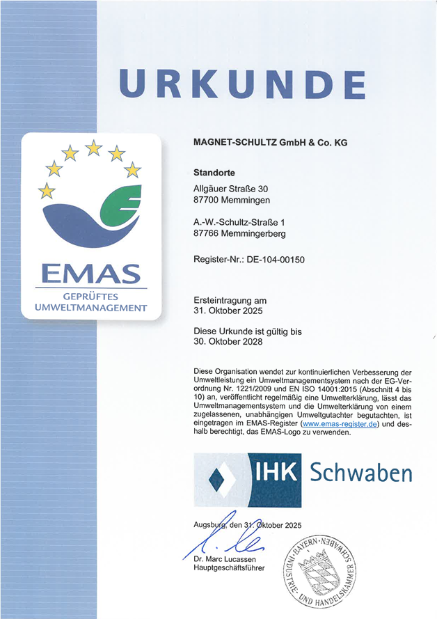 Erfolgreiche EMAS-Zertifizierung: EMAS-Urkunde Magnet-Schultz